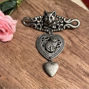 VTG Pewter Cat Brooch Heart Dangle Filigree Design Artisan Style 3” Great Gift!